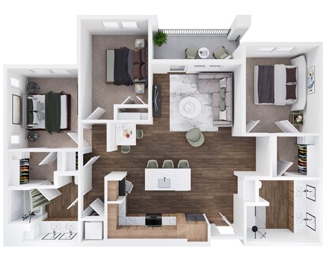 Floor plan for 3 beds, 2 baths, 1373 sqft